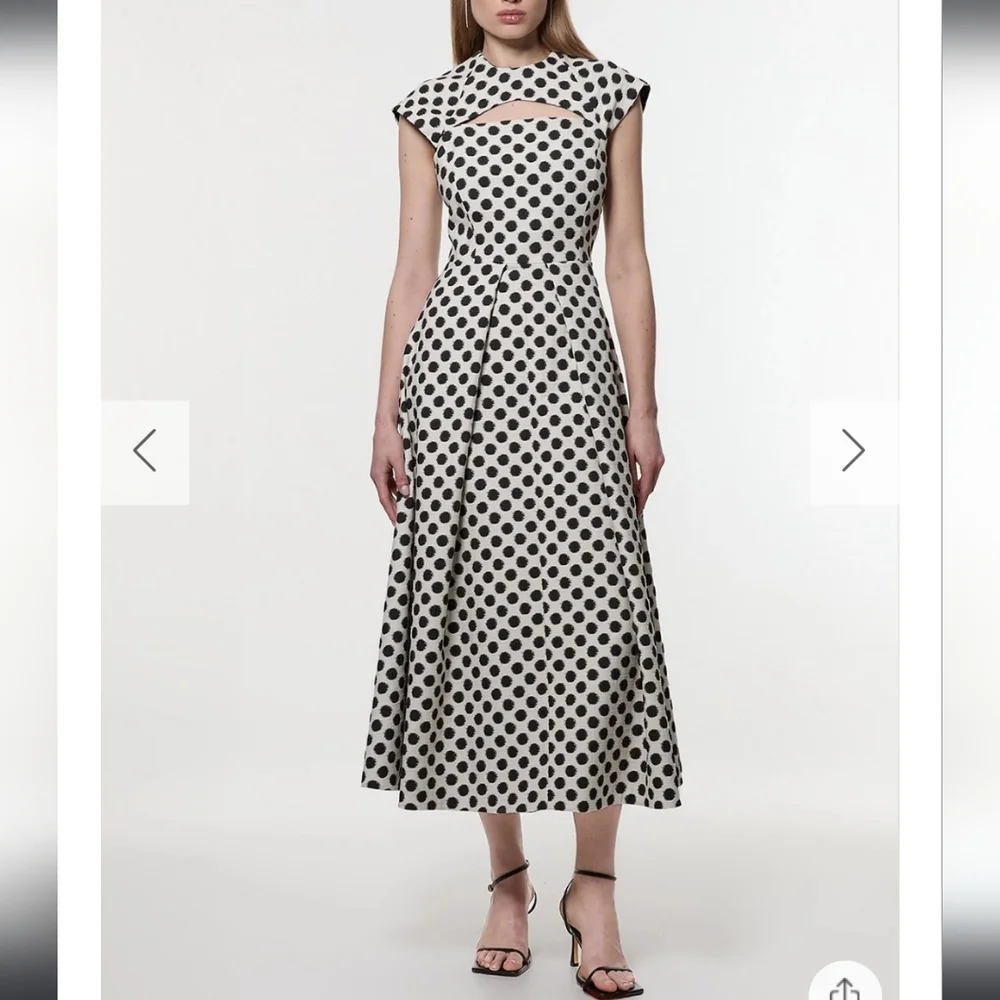 Karen Millen Spot Jacquard Full Skirted Tailored Midaxi Dress Black Polka Dot 10 - Picture 1 of 15